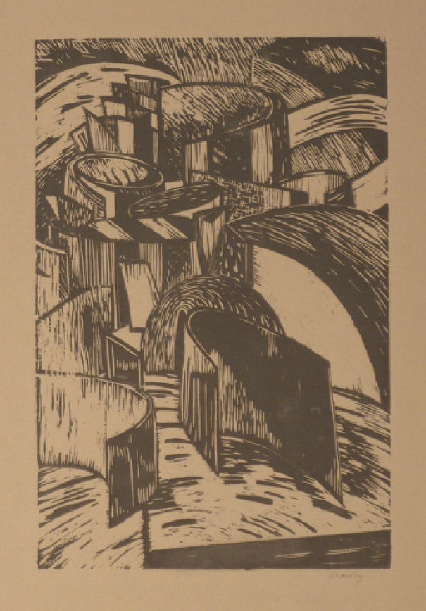 Encroachment, Crowley, 12 x 8, woodcut.