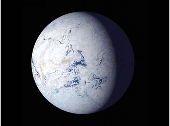 Indications are that, around 700 Million years ago, a “snowball Earth” covered in glaciers preceded the Cambrian Explosion of life. Image credit: NASA.