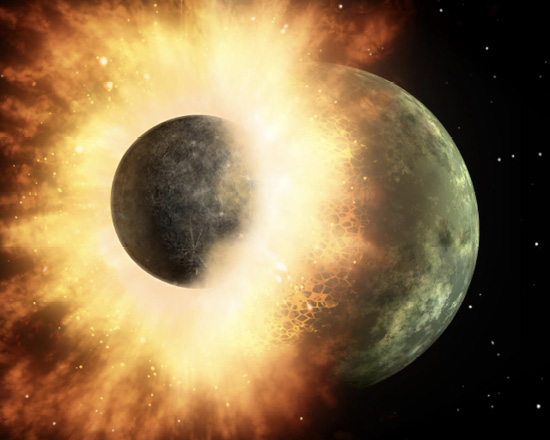 Theia colliding with the primordial Earth. From this collision came the moon and its tidal effects, as well as the Earth’s seasons and day/night cycle. Image from sci-news.com.