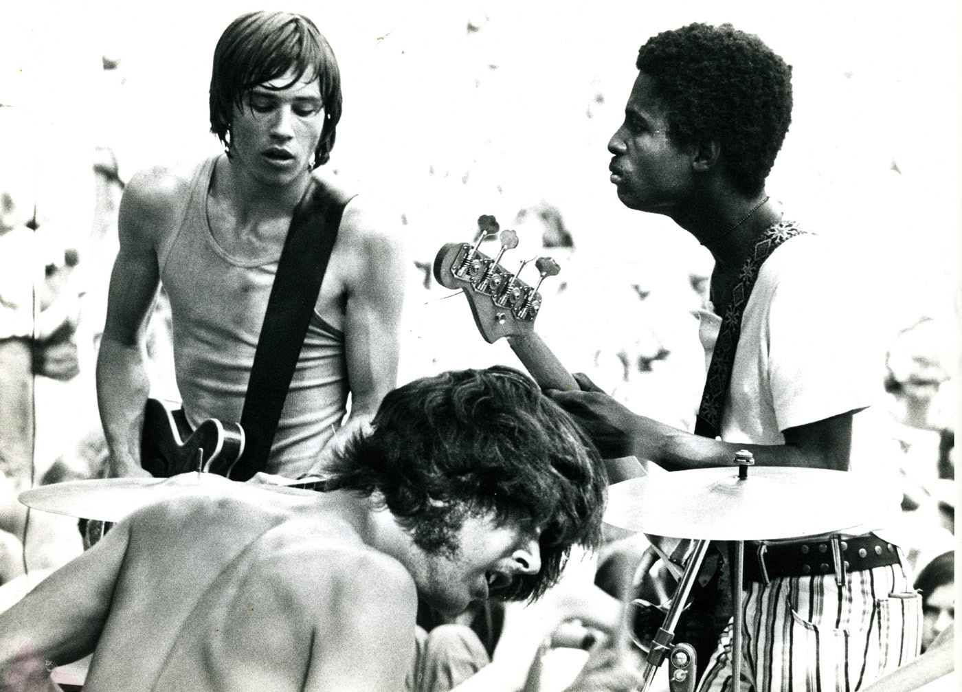 Wheatstraw on stage in Greenwood Park in Des Moines: Ron Dewitte (guitar), Dartanyan (bass) and David Bernstein (on drums). Photo by Bill Plymat