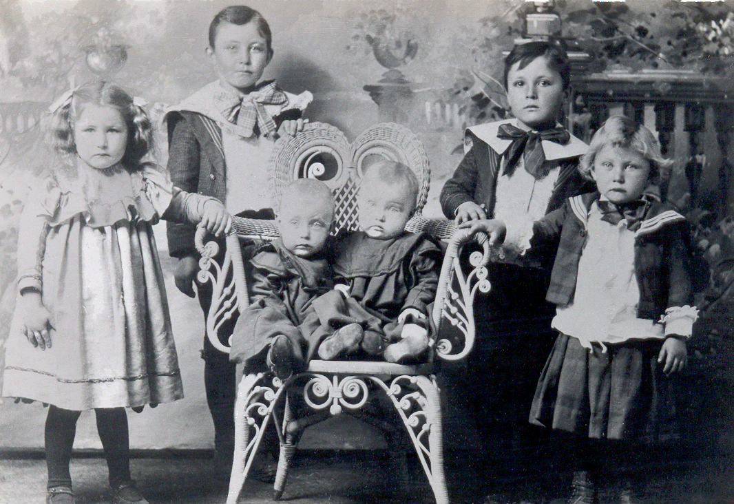 The Janzen Children in 1900. Standing (left to right), Rosa, Henry, Albert, and Leroy, seated is Edna (left) and Edward (right)