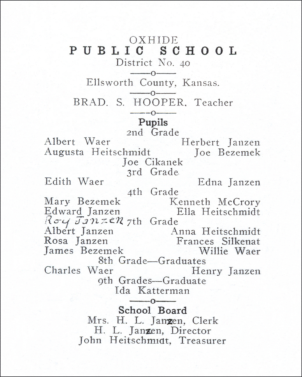 Roster from the Oxhide Public School for 1909