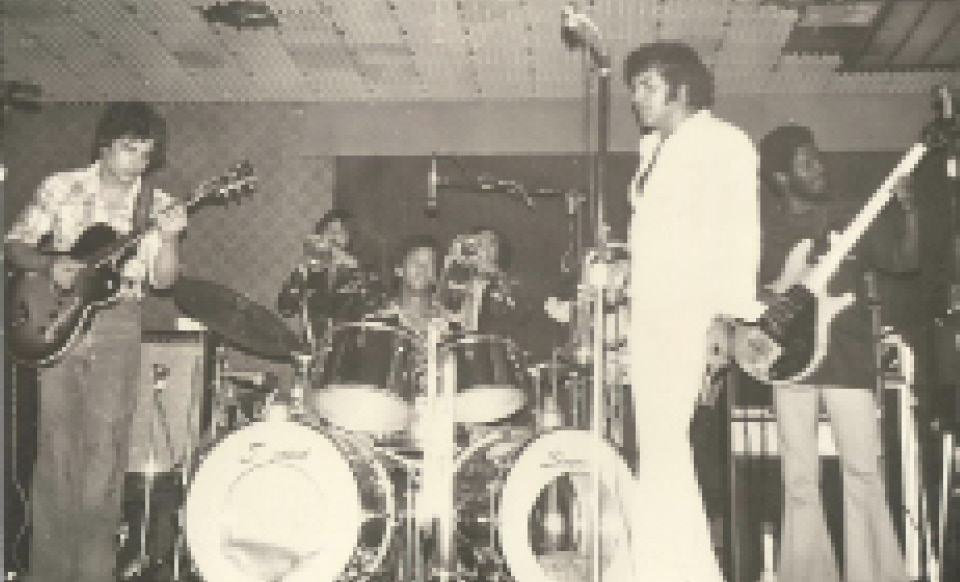 The final incarnation of the Chase band. From left, John Emma (guitar), Jim Oatts (trumpet), Walter Clark (drums), Jay Sollenberger (trumpet), Bill Chase and the author, on bass