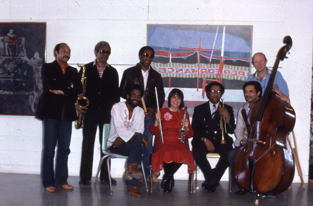 Members of the Jazz Artists in the schools program, standing in the back row, from left ot right, they are Kenny Barron, Charlie Rouse, Horace Arnold and Willie Thomas; seated are (from left to right) Dartanyan Brown, Marcia Miget, Jim Fielder and Larry Ridley
