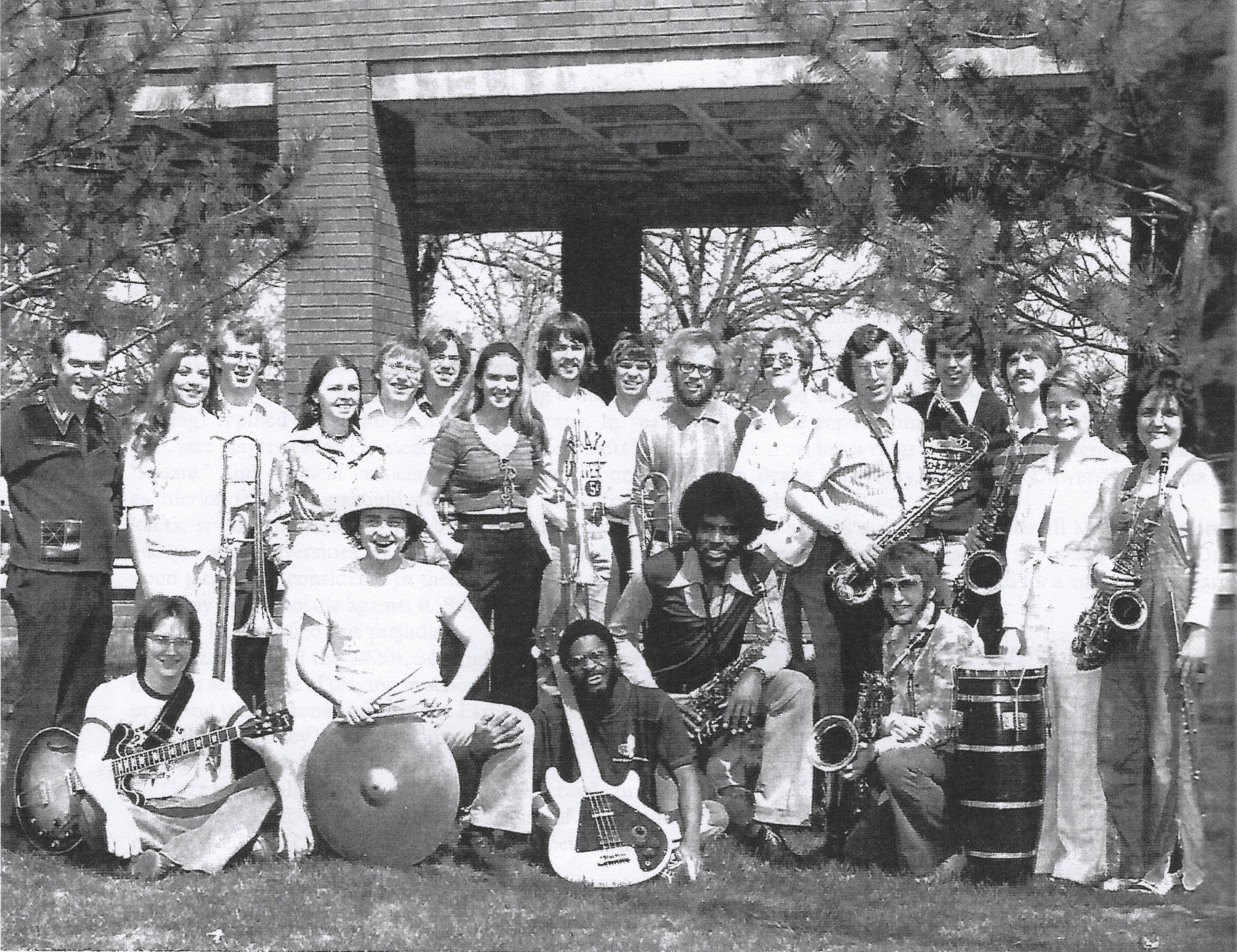 Dartanyan Brown and the members of the Drake University Jazz Band in 1974. He is seated front row center with his bass. Future wife Marcia Miget is at the end of the second row, on the right, holding her saxophone and flute.