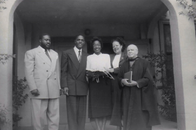 Dartanyan Brown's parents, Ellsworth T. and Mary Alice Brown (in the middle of the picture), on their wedding day in Los Angeles