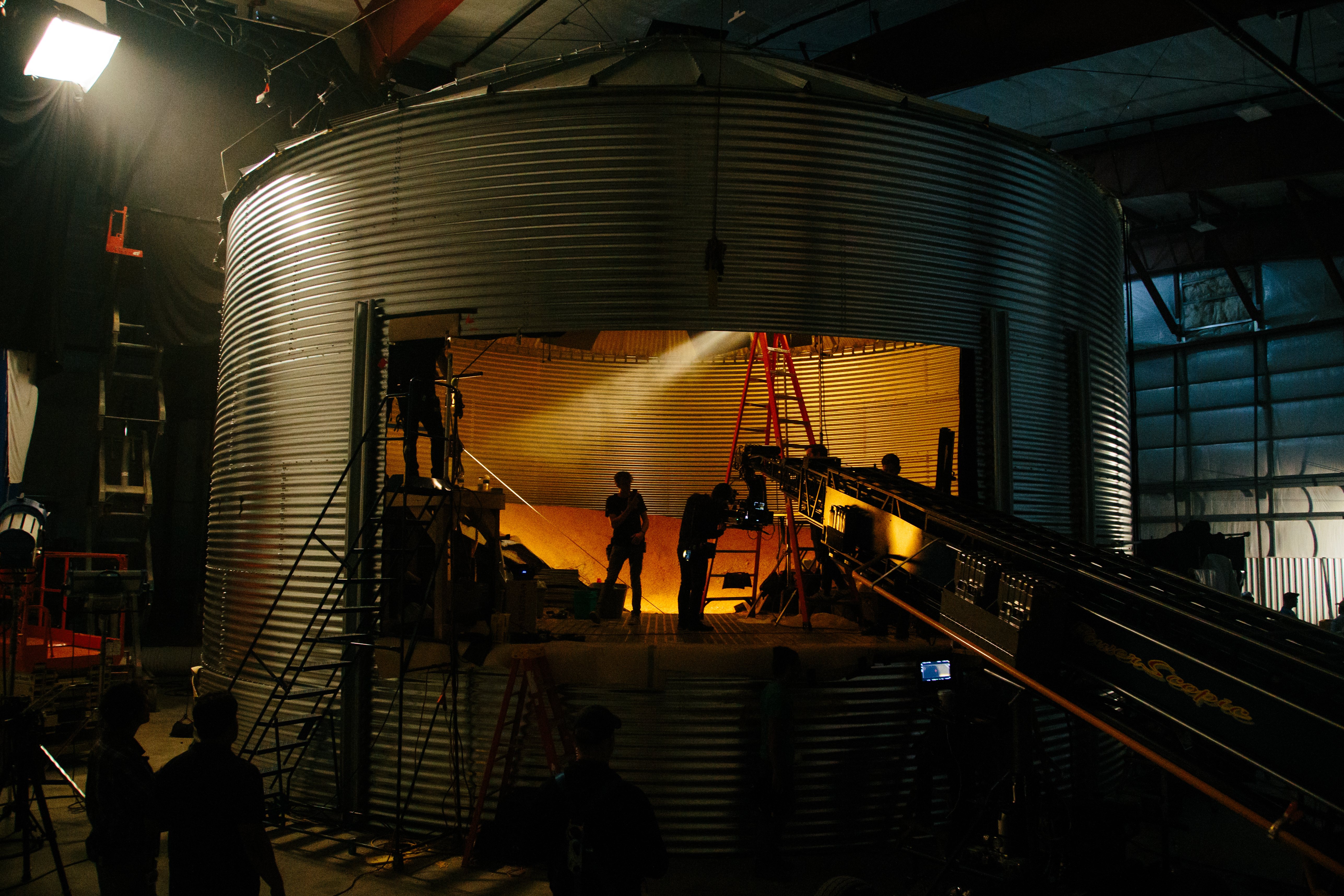 Filming inside one of the *'silo'* sets built free of charge for the movie by Sukup Manufacturing Co.