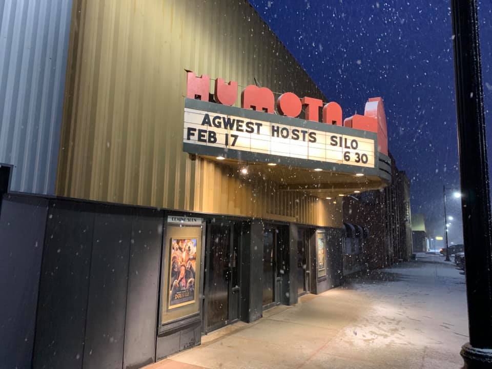 A *SILO* showing in Humboldt, Iowa on a snowy winter night