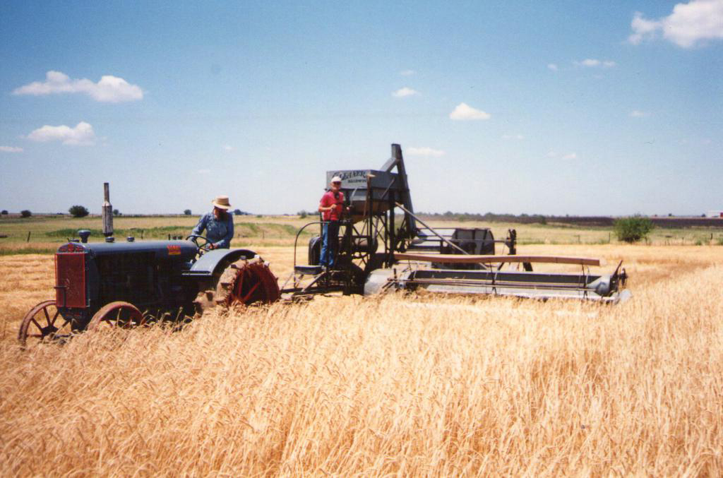 'A common combine was the Baldwin Gleaner; the one shown here is a 1938 model, and it probably did not differ much from the ones that I saw in the early 1940's. I think that by the time I was doing that work, most tractors had rubber tires rather than the lugs and steel shown on this tractor,' Photo courtesy of Twin City historian tony Thompson