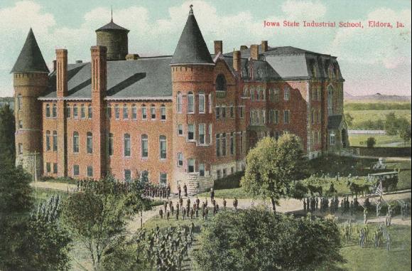 The Iowa Industrial School for Boys as it looked during its early history. Postcard Dated 1910, courtesy of [Iowa's Town Bands](http://iowastownbands.com/e1x-eldoraindust.html)