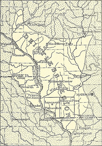 1911 map of the Driftless region{{% ref 1 %}} of Iowa and Wisconsin.{{% ref 1 %}}