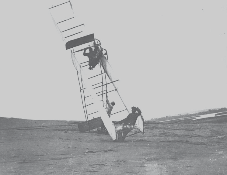 Orville Wright crashes one of the early Wright Flyers at Kitty Hawk, NC, in 1911. Photo courtesy of Wikimedia Commons.