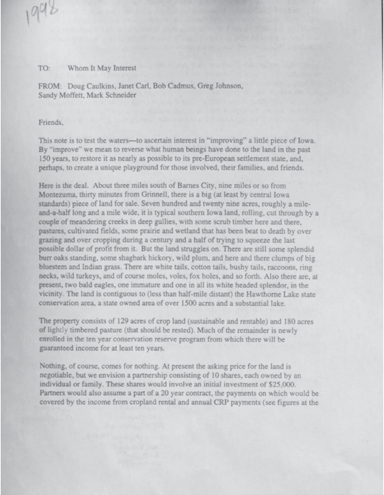 A partial copy of a Letter from Sandy Moffett and partners, soliciting participation in the Pleasant Grove Land Corporation in 1998. Document courtesy of Sandy Moffett