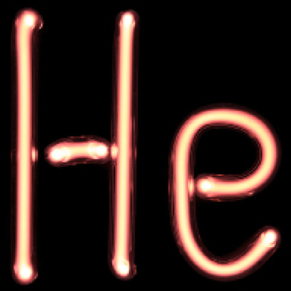 A helium-filled tube shaped like the element's atomic symbol Photo courtesy of [Wikimedia Commons](https://upload.wikimedia.org/wikipedia/commons/thumb/1/1f/HeTube.jpg/640px-HeTube.jpg)