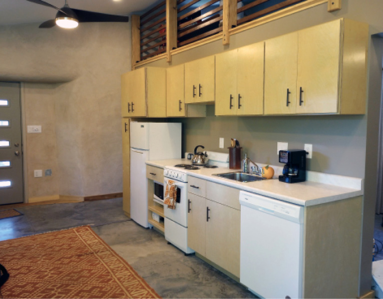 The ADU features a full kitchen with storage. Photo courtesy of Adrienne Stolwyk.