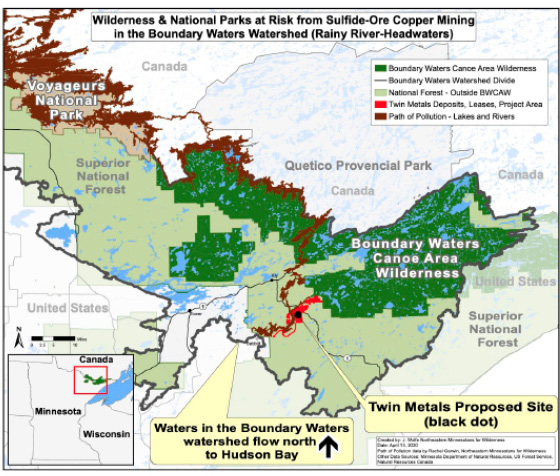 Map of the proposed sulfide-ore copper mine and the likely path of pollution. Graphic courtesy of Save the Boundary Waters Campaign