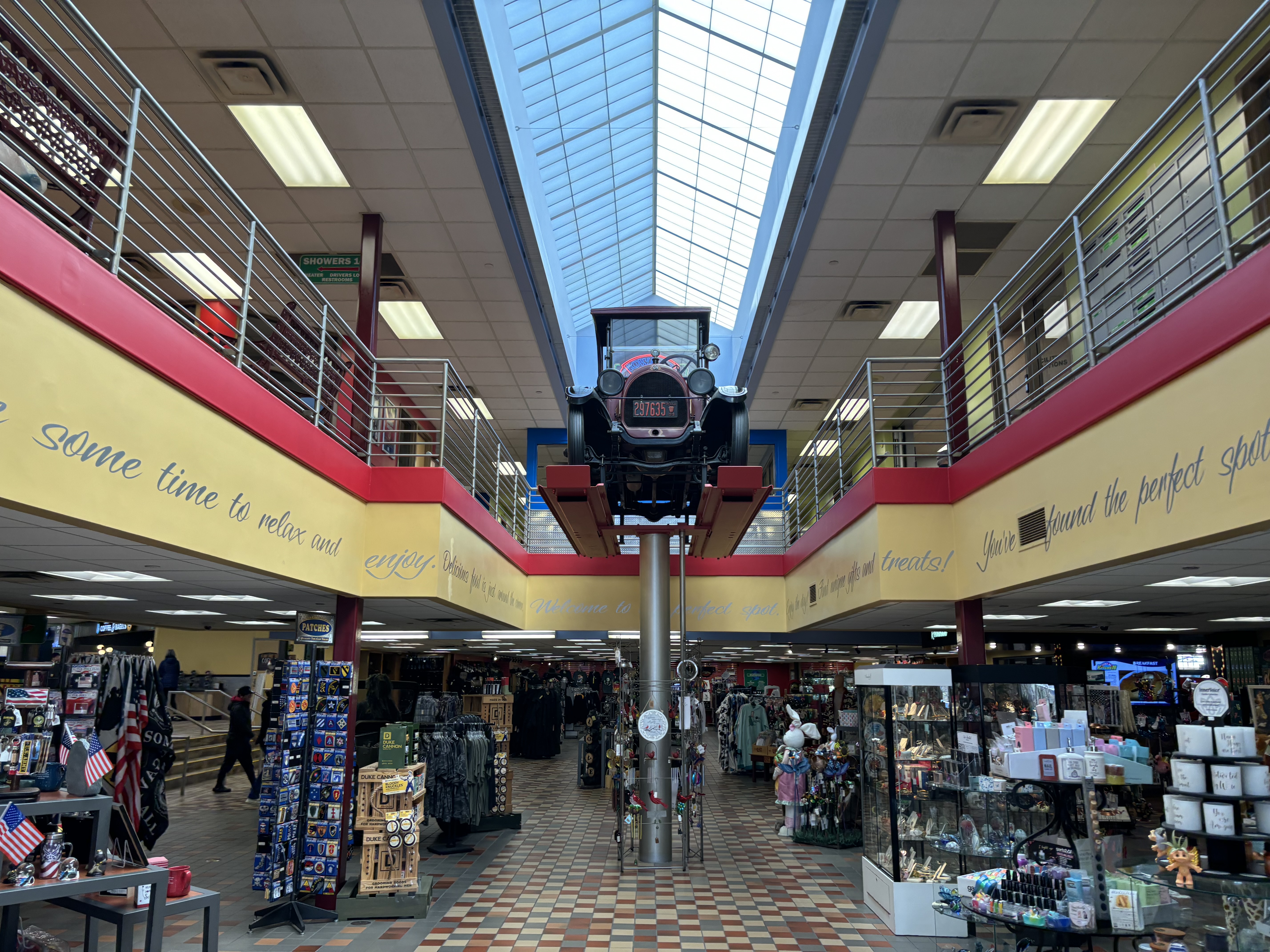 A large shopping mall with a train