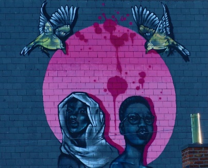 A mural of two people